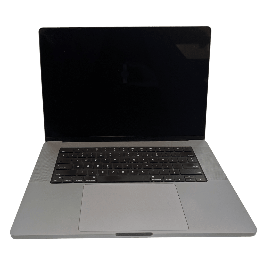 Silver laptop opened facing the viewer, screen off and keyboard visible on a flat desk surface
