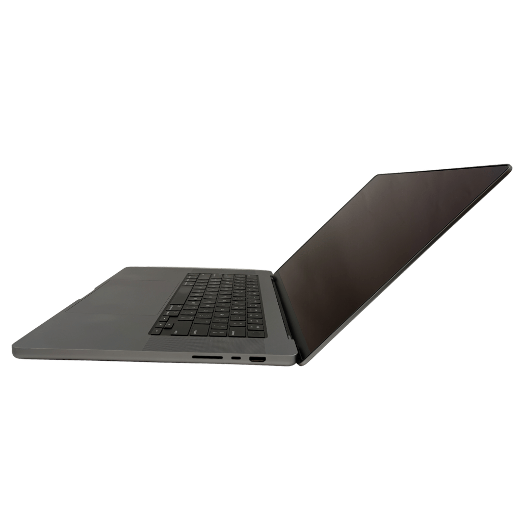 Open silver laptop with black keyboard, angled screen facing to the right.